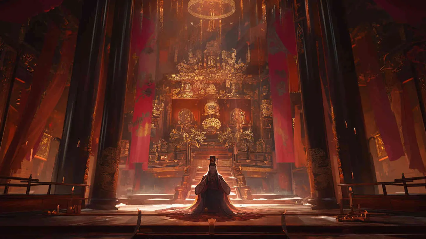 A handsome young man, tall and burly, with thick eyebrows and eyes, hair tied up, broad shoulders and thick back, dressed in a red robe. His face was resolute and majestic, and his eyes were bright and lively. He is the ancestor of Chinese people. Sitting on the magnificent hall - style1部分