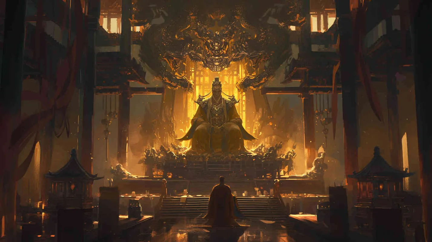 A handsome young man, tall and burly, with thick eyebrows and eyes, hair tied up, broad shoulders and thick back, dressed in a red robe. His face was resolute and majestic, and his eyes were bright and lively. He is the ancestor of Chinese people. Sitting on the magnificent hall - style2部分