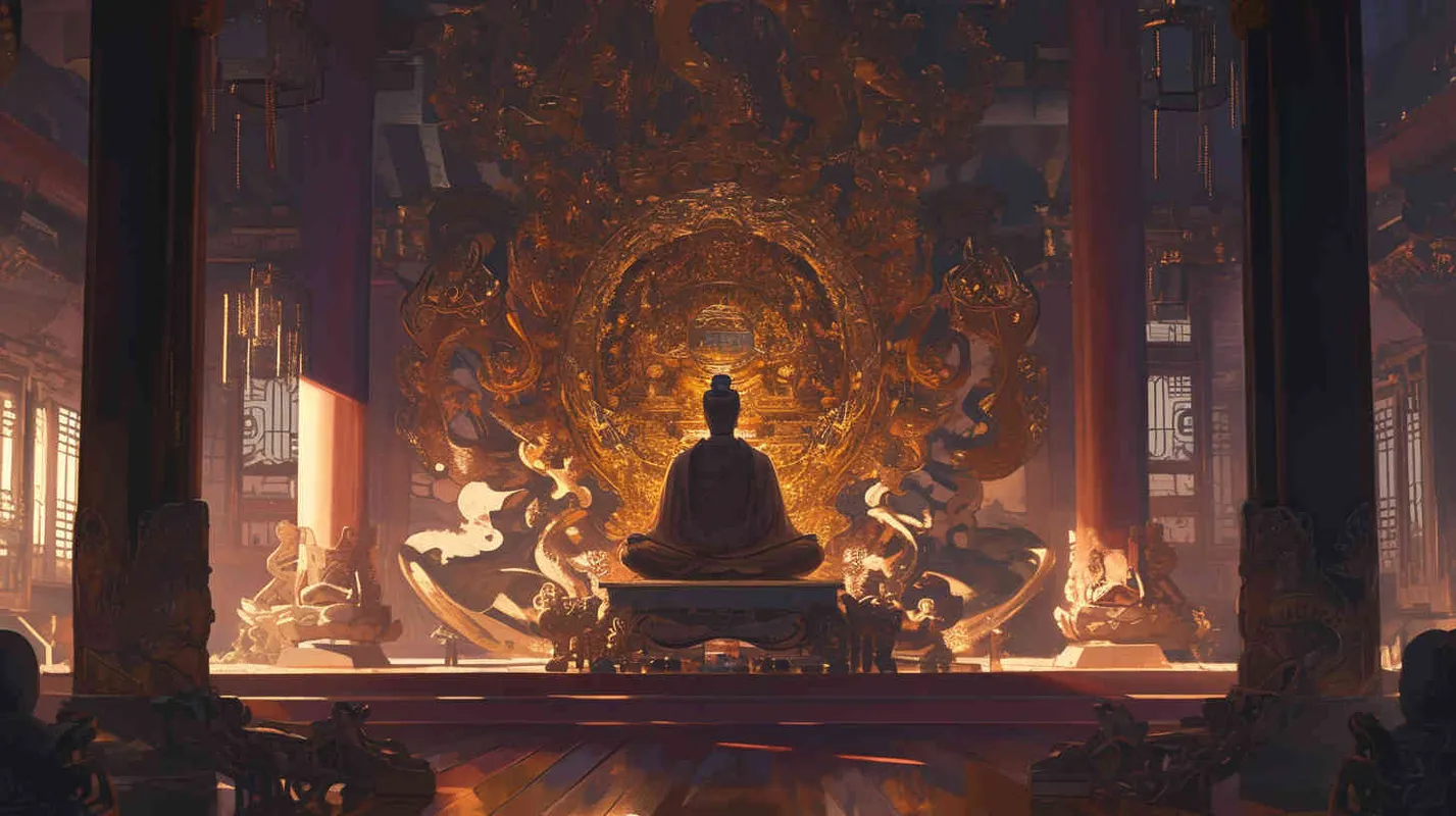 A handsome young man, tall and burly, with thick eyebrows and eyes, hair tied up, broad shoulders and thick back, dressed in a red robe. His face was resolute and majestic, and his eyes were bright and lively. He is the ancestor of Chinese people. Sitting on the magnificent hall - style3部分