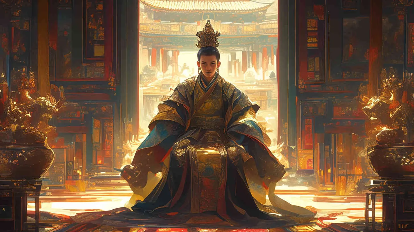 A handsome young man, tall and burly, with thick eyebrows and eyes, hair tied up, broad shoulders and thick back, dressed in a red robe. His face was resolute and majestic, and his eyes were bright and lively. He is the ancestor of Chinese people. Sitting on the magnificent hall - style4部分