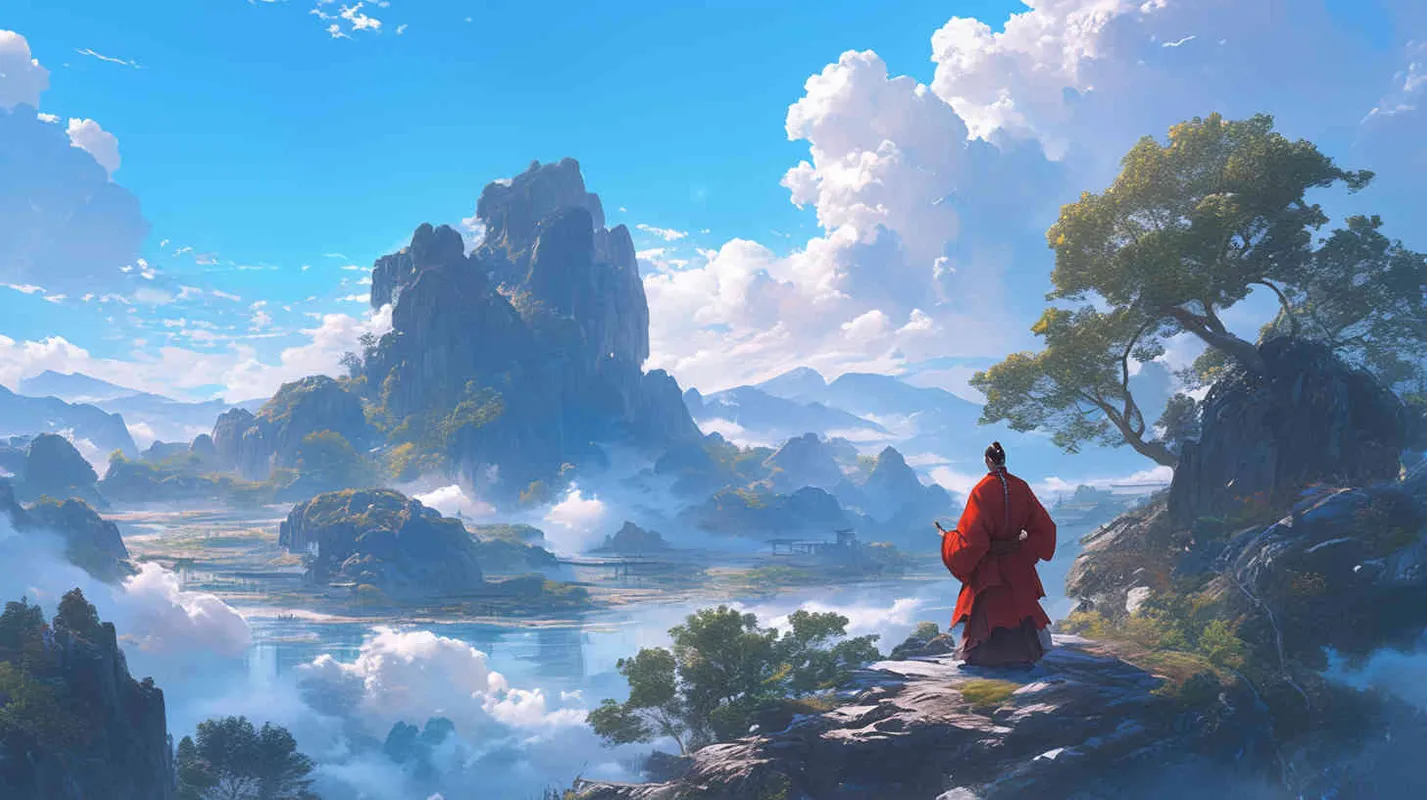 A handsome young man, tall and burly, with thick eyebrows and eyes, hair tied up, broad shoulders and thick back, dressed in a red robe. His face was resolute and majestic, and his eyes were bright and lively. He is the ancestor of Chinese people. With a handsome young man who is tall, burly, with thick eyebrows and eyes, hair tied up, shoulders wide and back thick, and wearing a yellow robe, his face is resolute and majestic, and his eyes are bright and lively. He is the ancestor of Chinese people. Standing shoulder to shoulder under the blue sky and white clouds – AI绘画作品展示 | Midjourney中文版生成