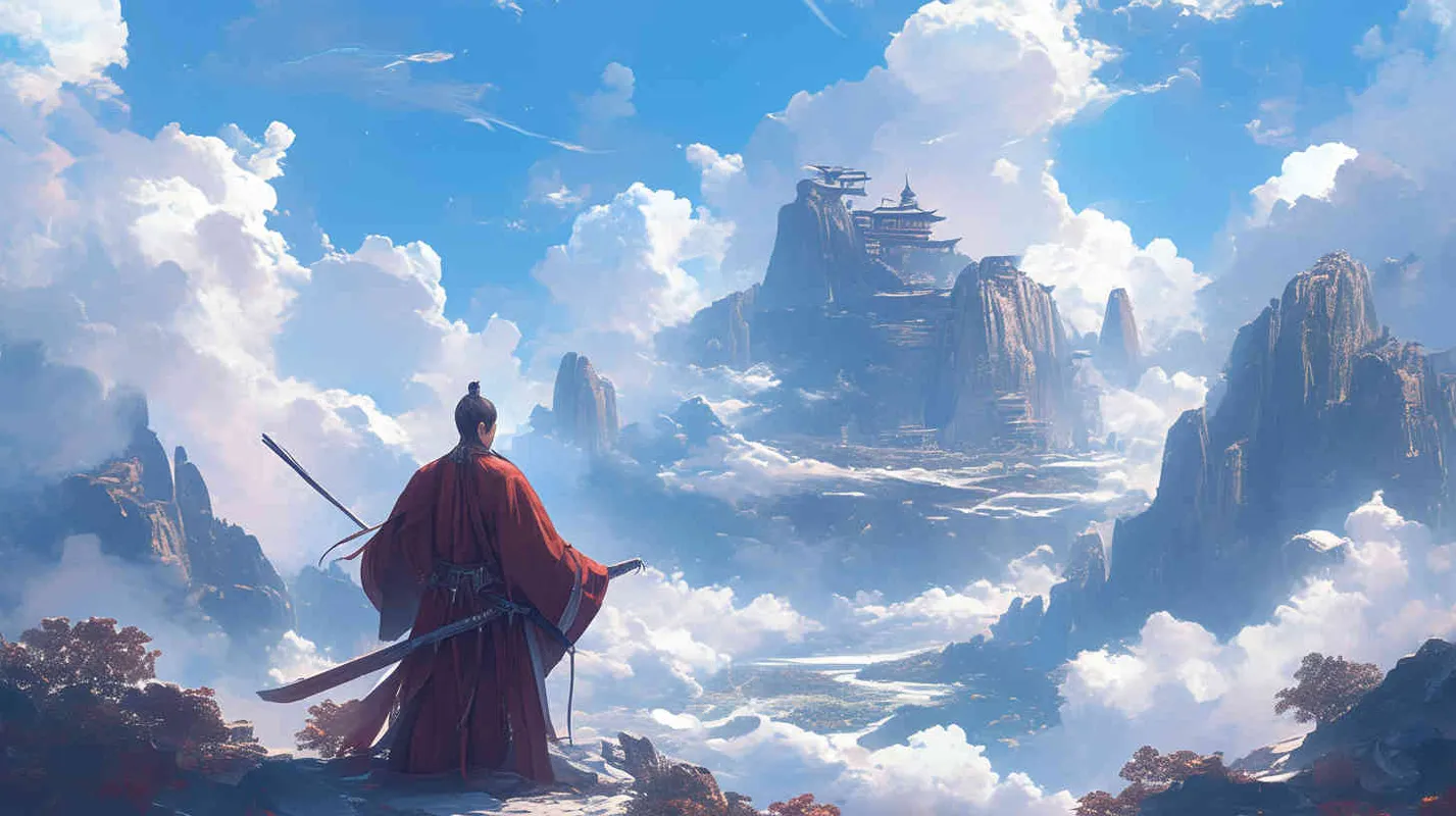 A handsome young man, tall and burly, with thick eyebrows and eyes, hair tied up, broad shoulders and thick back, dressed in a red robe. His face was resolute and majestic, and his eyes were bright and lively. He is the ancestor of Chinese people. With a handsome young man who is tall, burly, with thick eyebrows and eyes, hair tied up, shoulders wide and back thick, and wearing a yellow robe, his face is resolute and majestic, and his eyes are bright and lively. He is the ancestor of Chinese people. Standing shoulder to shoulder under the blue sky and white clouds - style2部分