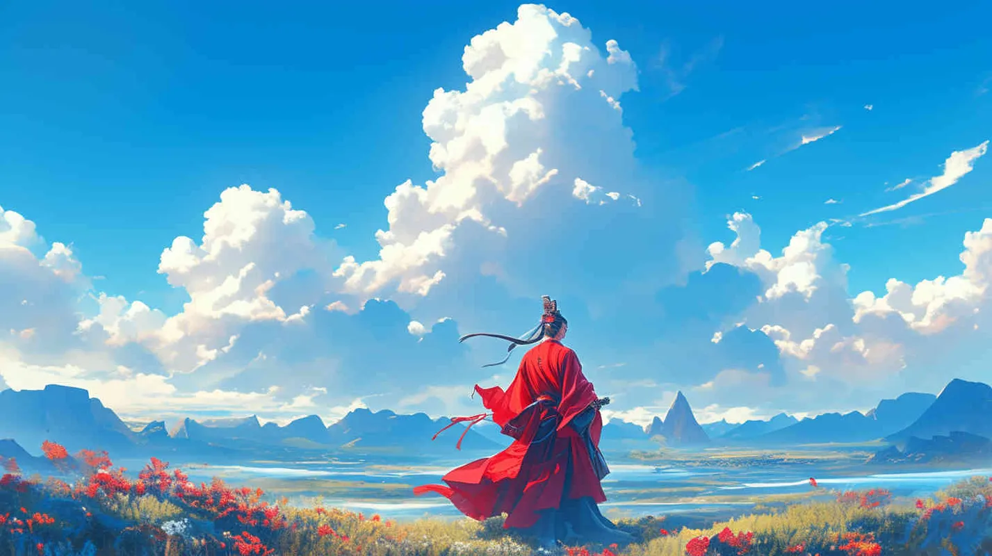 A handsome young man, tall and burly, with thick eyebrows and eyes, hair tied up, broad shoulders and thick back, dressed in a red robe. His face was resolute and majestic, and his eyes were bright and lively. He is the ancestor of Chinese people. With a handsome young man who is tall, burly, with thick eyebrows and eyes, hair tied up, shoulders wide and back thick, and wearing a yellow robe, his face is resolute and majestic, and his eyes are bright and lively. He is the ancestor of Chinese people. Standing shoulder to shoulder under the blue sky and white clouds - style3部分