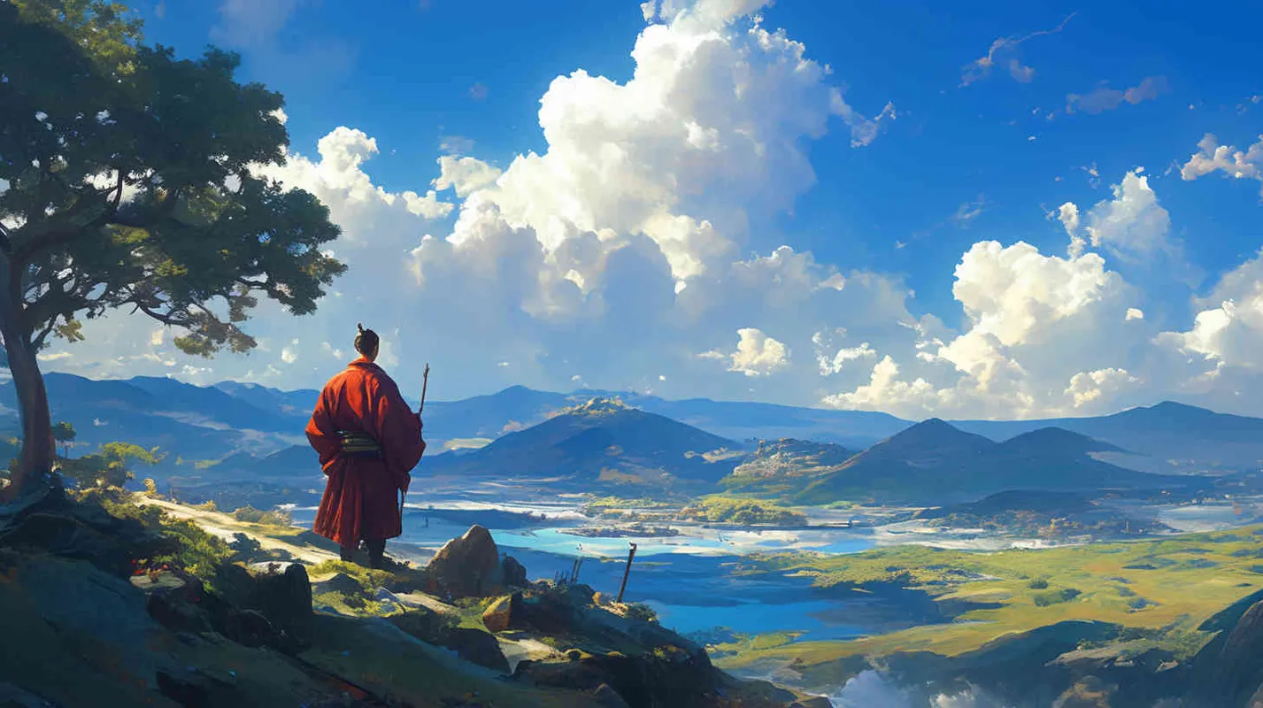 A handsome young man, tall and burly, with thick eyebrows and eyes, hair tied up, broad shoulders and thick back, dressed in a red robe. His face was resolute and majestic, and his eyes were bright and lively. He is the ancestor of Chinese people. With a handsome young man who is tall, burly, with thick eyebrows and eyes, hair tied up, shoulders wide and back thick, and wearing a yellow robe, his face is resolute and majestic, and his eyes are bright and lively. He is the ancestor of Chinese people. Standing shoulder to shoulder under the blue sky and white clouds - style4部分