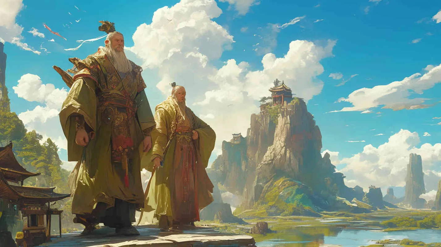 A handsome young man, tall and burly, with thick eyebrows and eyes, hair tied up, broad shoulders and thick back, dressed in a red robe. His face was resolute and majestic, and his eyes were bright and lively. He is the ancestor of Chinese people. Standing beside him was a handsome young man who was tall and burly, with thick eyebrows and eyes, hair tied up, broad shoulders and thick back, wearing a yellow robe. His face was resolute and majestic, and his eyes were bright and lively. He is the ancestor of Chinese people. Standing shoulder to shoulder under the blue sky and white clouds, in front of me are green mountains and clear waters - style3部分