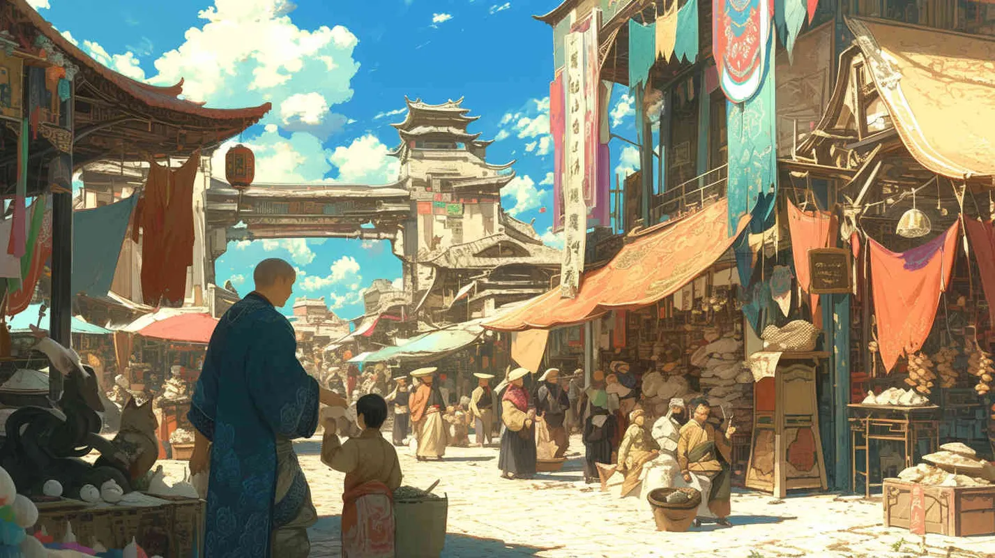 Under the blue sky and white clouds, a bustling street is lined with small vendors selling various items. A middle-aged man in blue linen clothes is in front of a stall selling bamboo hats, placing his coins in the hands of the owner wearing gray linen clothes selling bamboo hats, - style1部分