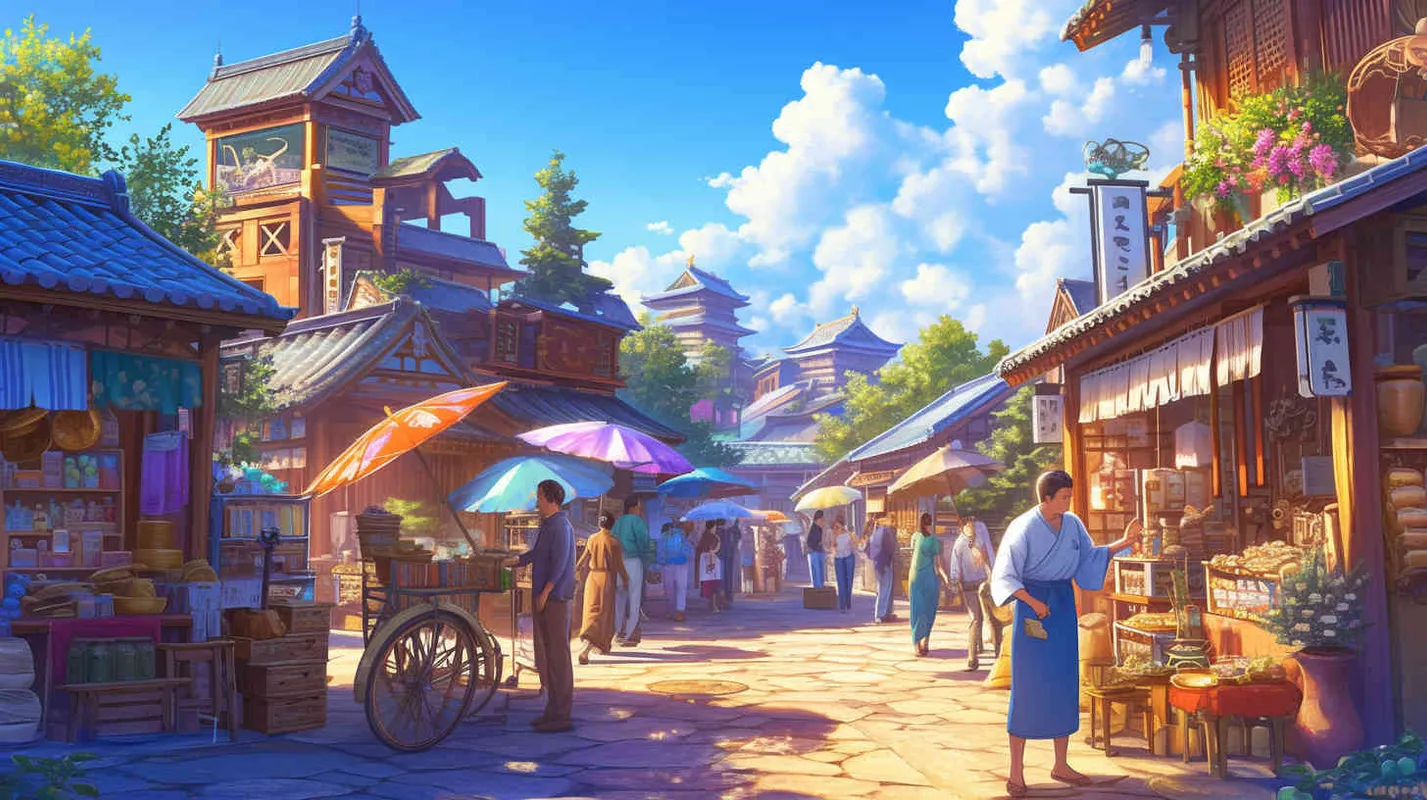 Under the blue sky and white clouds, a bustling street is lined with small vendors selling various items. A middle-aged man in blue linen clothes is in front of a stall selling bamboo hats, placing his coins in the hands of the owner wearing gray linen clothes selling bamboo hats, - style2部分