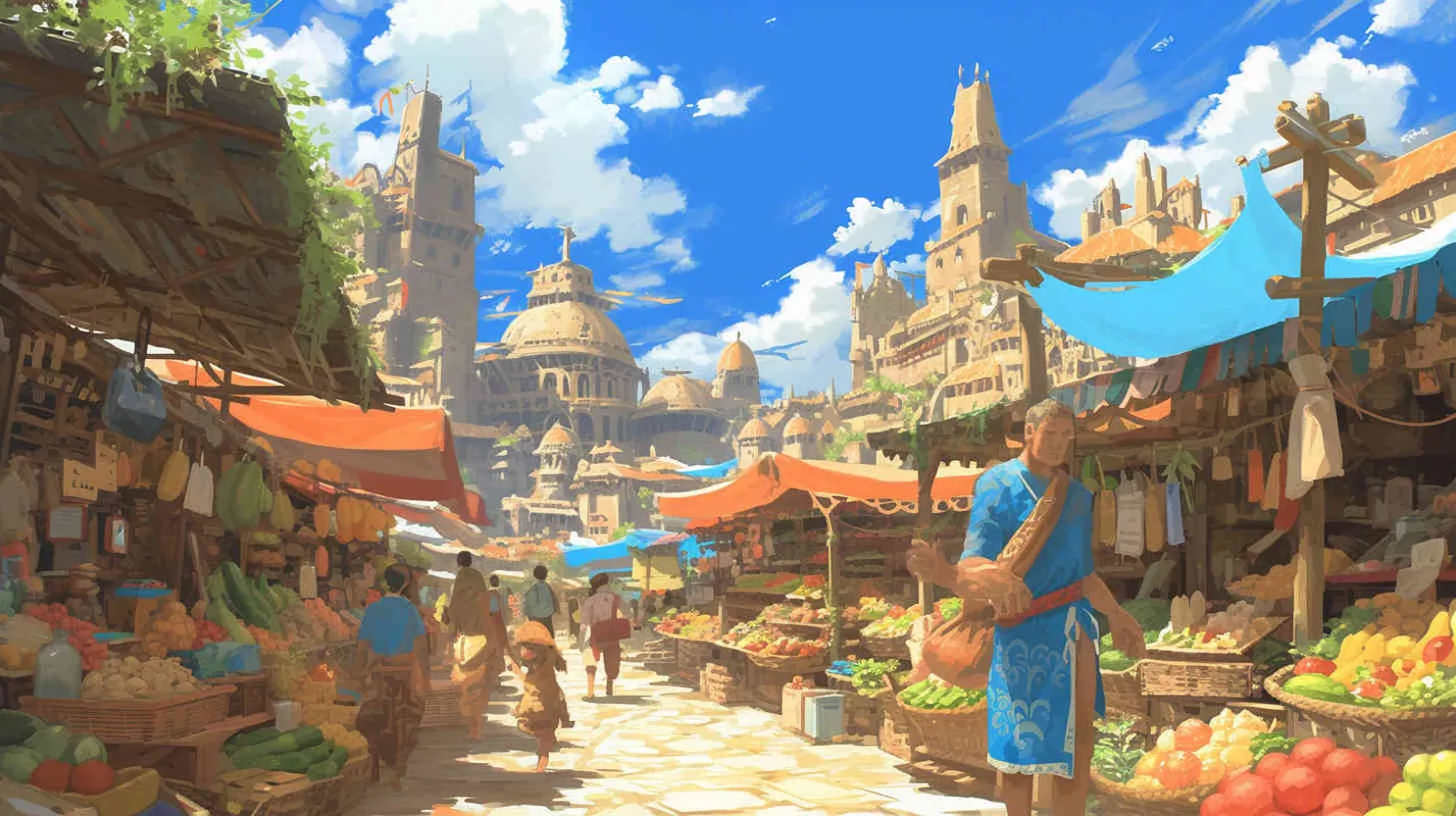Under the blue sky and white clouds, the bustling streets are lined with small vendors selling various items, with their hair tied up in linen clothes. A middle-aged man wearing blue linen clothes and his hair tied up puts his coins in front of a stall selling bamboo hats into the hands of the owner wearing gray linen clothes and hair tied up, - style2部分