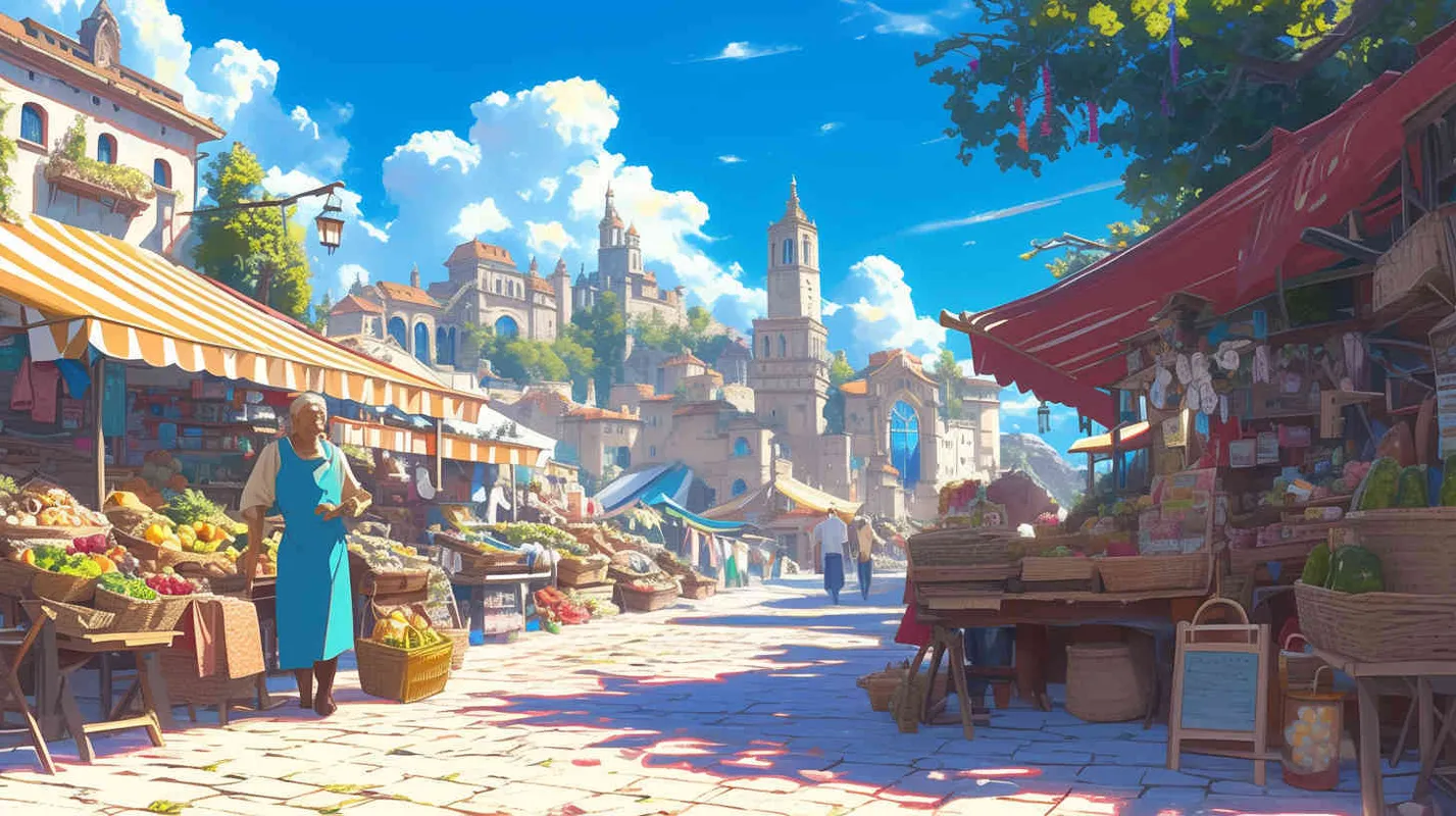 Under the blue sky and white clouds, the bustling streets are lined with small vendors selling various items, with their hair tied up in linen clothes. A middle-aged man wearing blue linen clothes and his hair tied up puts his coins in front of a stall selling bamboo hats into the hands of the owner wearing gray linen clothes and hair tied up, - style3部分