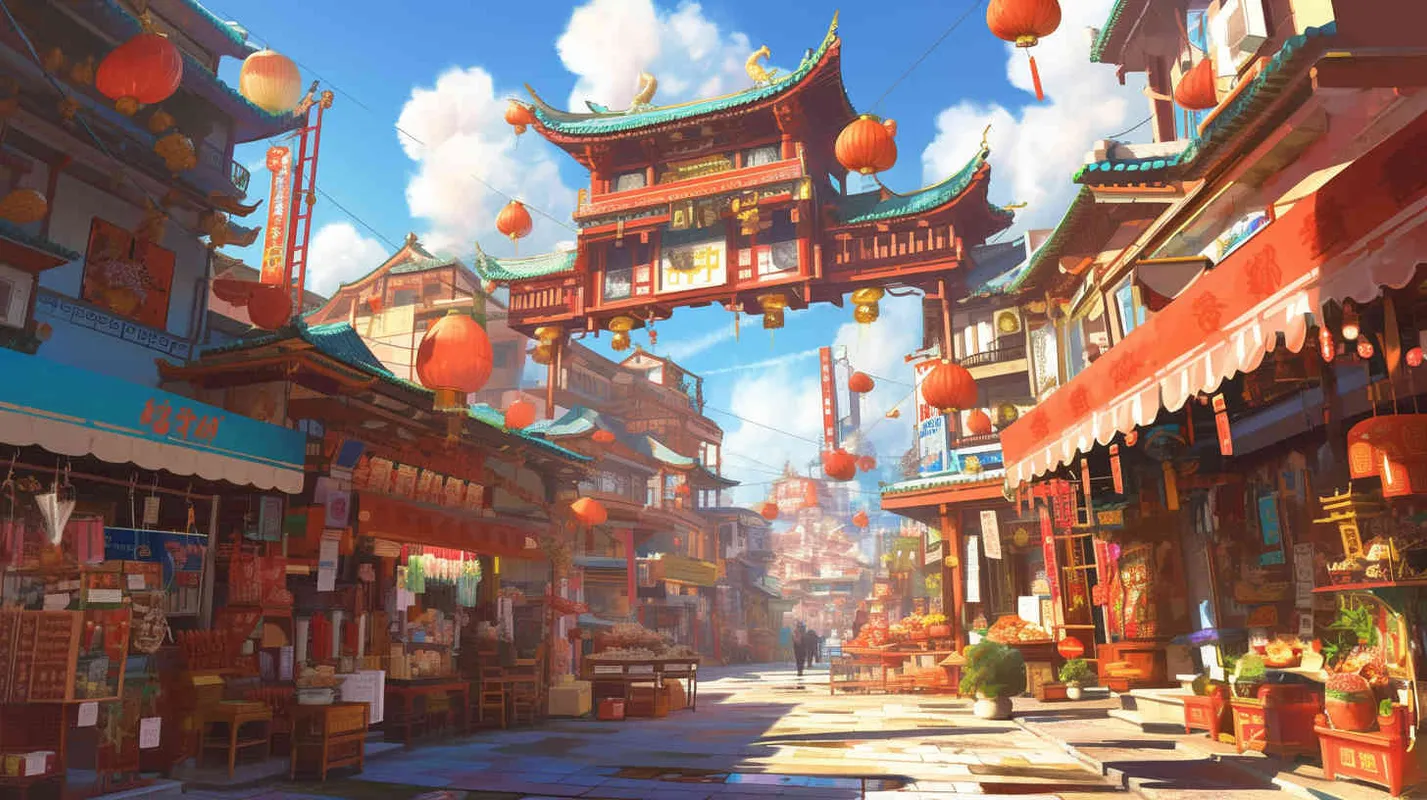 Under the blue sky and white clouds, there is a bustling Chinese architectural street with various items displayed at stalls on both sides of the street - style2部分