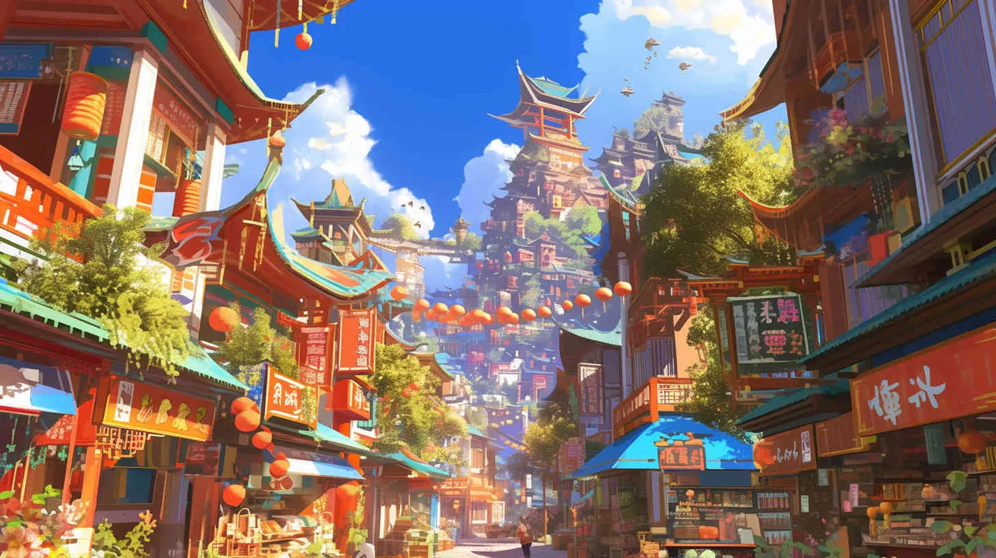 Under the blue sky and white clouds, there is a bustling Chinese architectural street with various items displayed at stalls on both sides of the street - style3部分