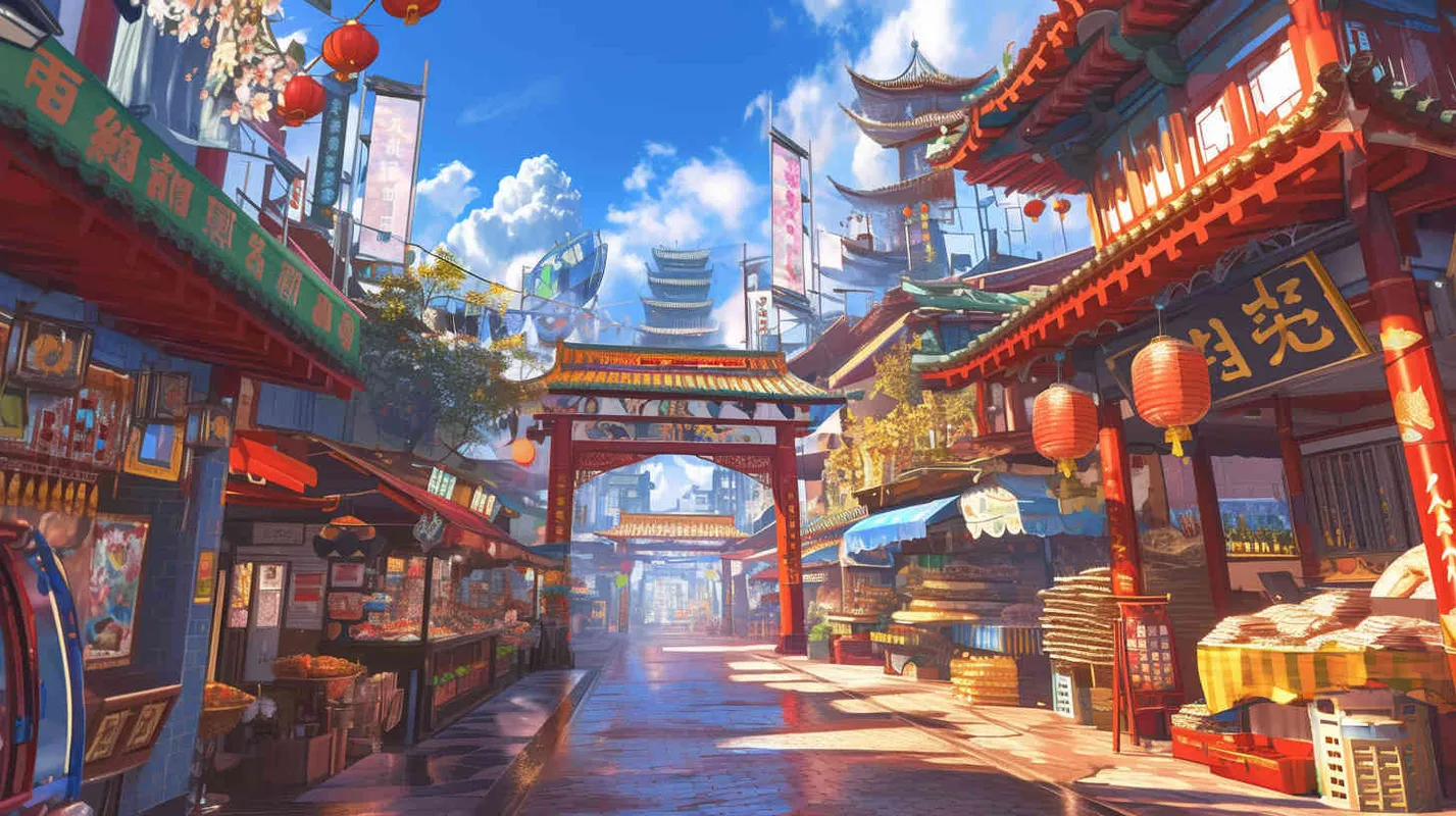 Under the blue sky and white clouds, there is a bustling Chinese architectural street with various items displayed at stalls on both sides of the street - style4部分