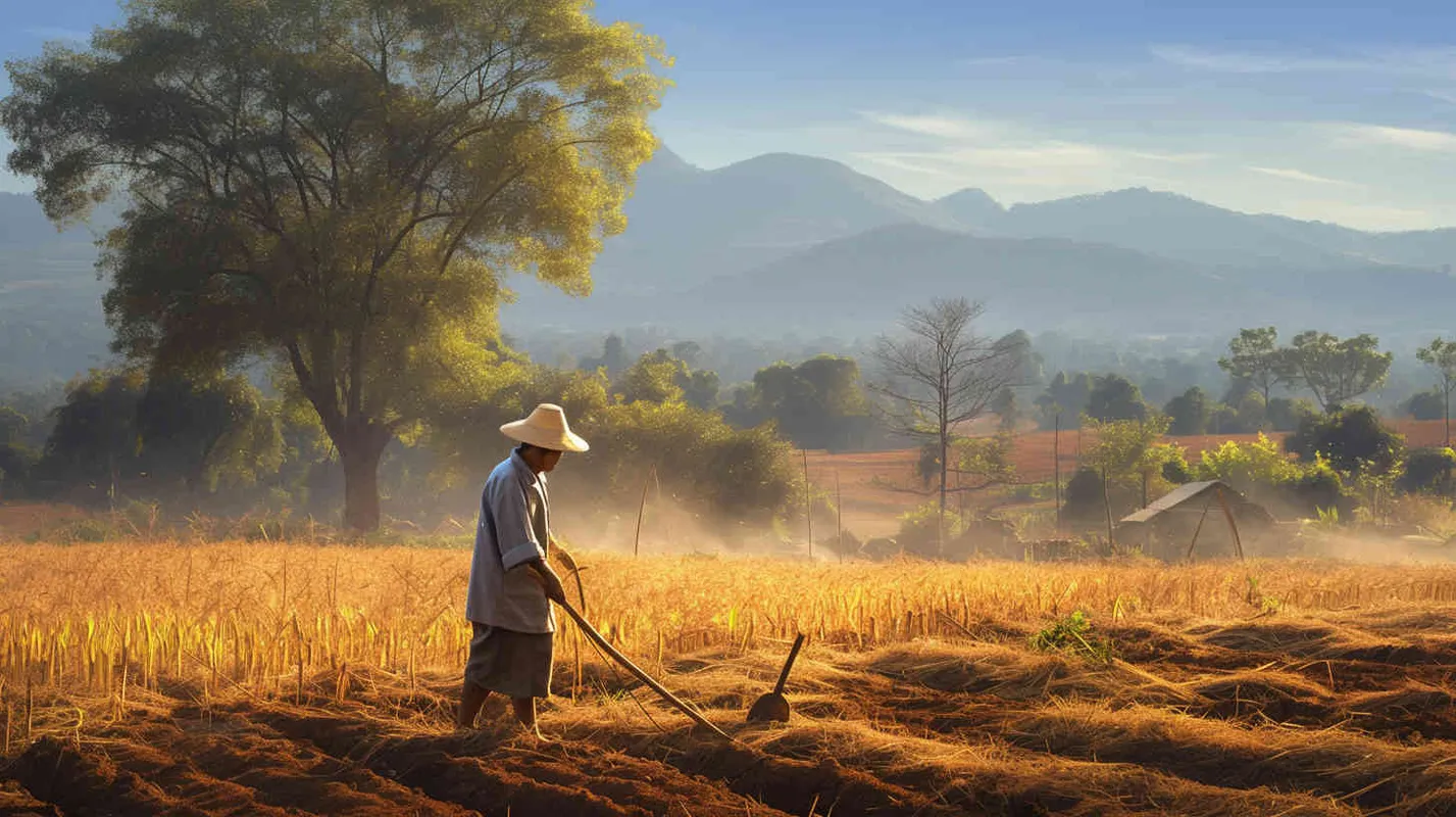 A man dressed in gray linen is using a pointed wooden stick and a short crossbeam in the field. When using, insert the pointed tip into the soil, then step on the crossbeam with your foot to make the wooden stick go deep, and then flip it out. - style2部分