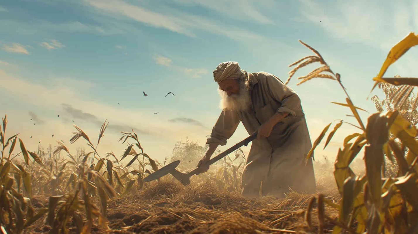 A man dressed in gray linen is using a pointed wooden stick and a short crossbeam in the field. When using, insert the pointed tip into the soil, then step on the crossbeam with your foot to make the wooden stick go deep, and then flip it out. - style3部分