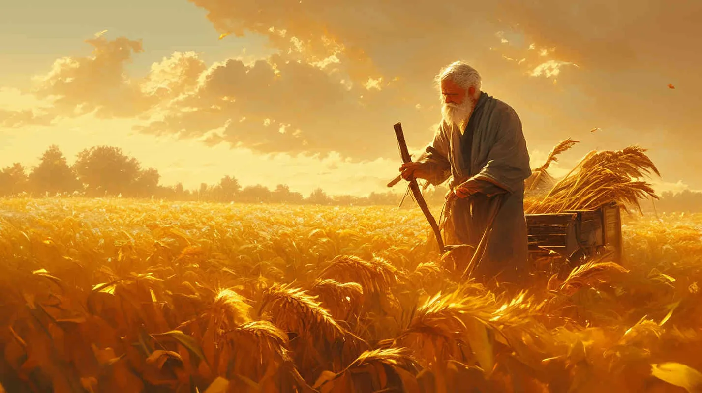 An ancient man wearing a gray linen robe was using a pointed wooden stick and a short crossbeam in a field. When using, insert the pointed tip into the soil, then step on the crossbeam with your foot to make the wooden stick go deep, and then flip it out. - style1部分