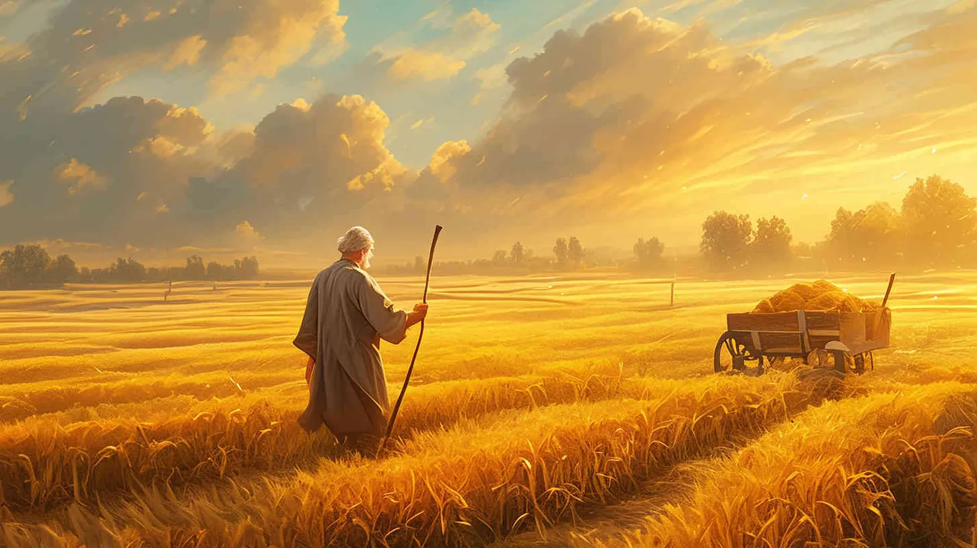 An ancient man wearing a gray linen robe was using a pointed wooden stick and a short crossbeam in a field. When using, insert the pointed tip into the soil, then step on the crossbeam with your foot to make the wooden stick go deep, and then flip it out. - style2部分