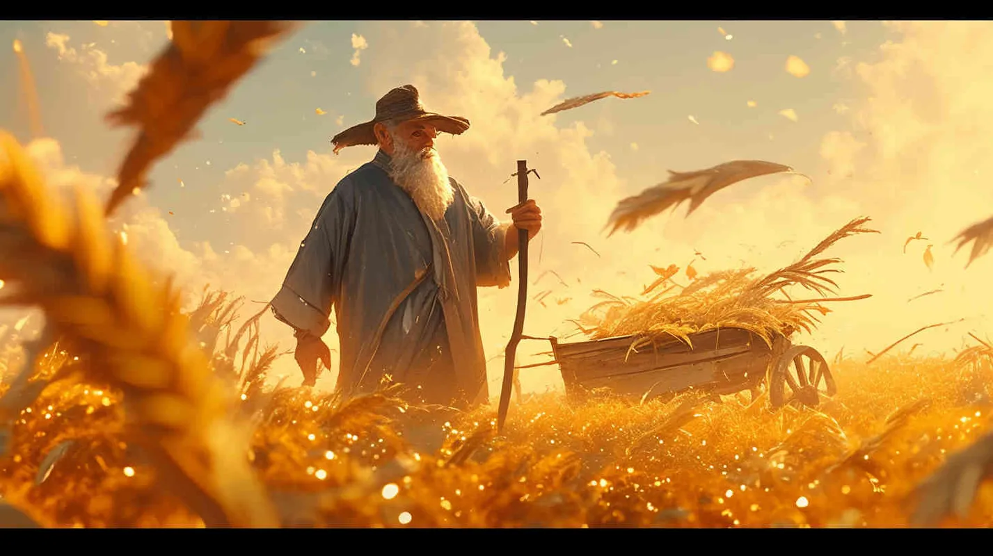 An ancient man wearing a gray linen robe was using a pointed wooden stick and a short crossbeam in a field. When using, insert the pointed tip into the soil, then step on the crossbeam with your foot to make the wooden stick go deep, and then flip it out. - style3部分