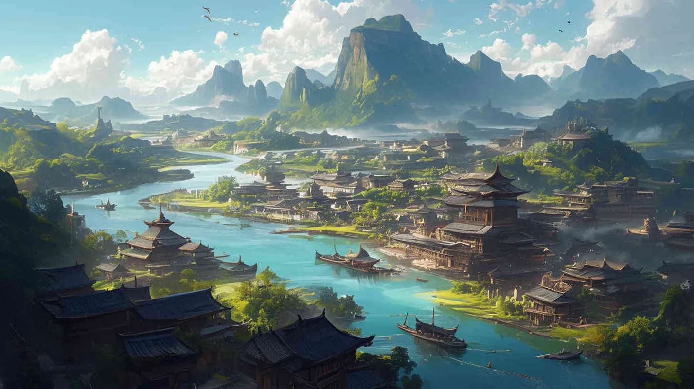 炎帝部落的活动范围主要在黄河中下游，姜水一带是炎帝部落的兴盛之地，有很多石头砌成的屋顶是茅草的房子 – AI绘画作品展示 | Midjourney中文版生成