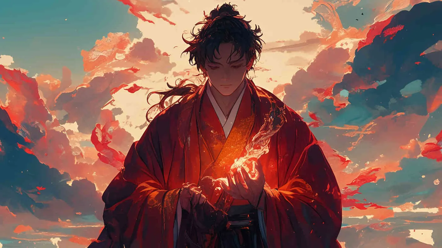 A young man wearing a red robe, with his hair tied up and a delicate face, was at the foot of the mountain, holding a fire in his hand - AI绘画作品展示 | Midjourney中文版生成