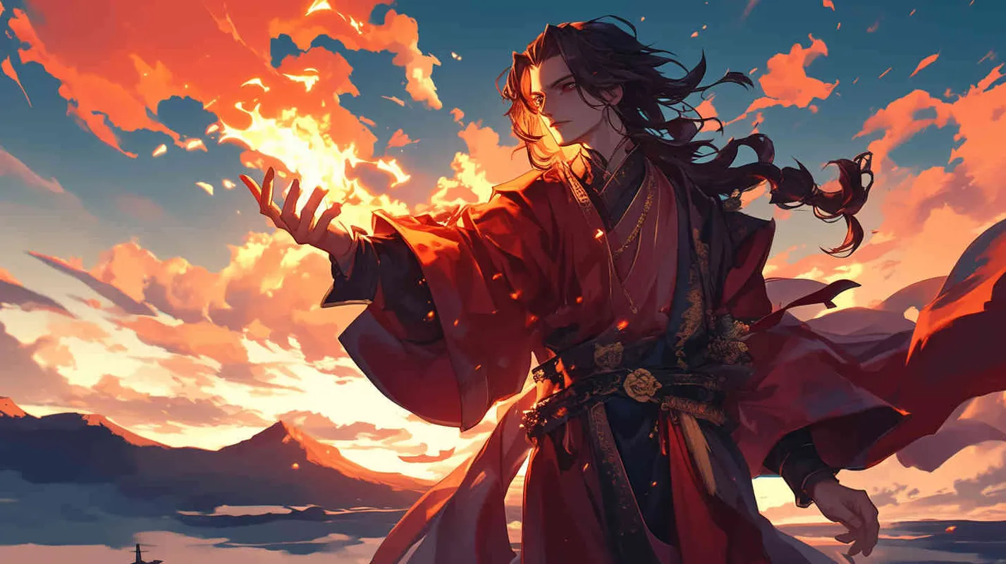 A young man wearing a red robe, with his hair tied up and a delicate face, was at the foot of the mountain, holding a fire in his hand - AI绘画作品展示 | Midjourney中文版生成