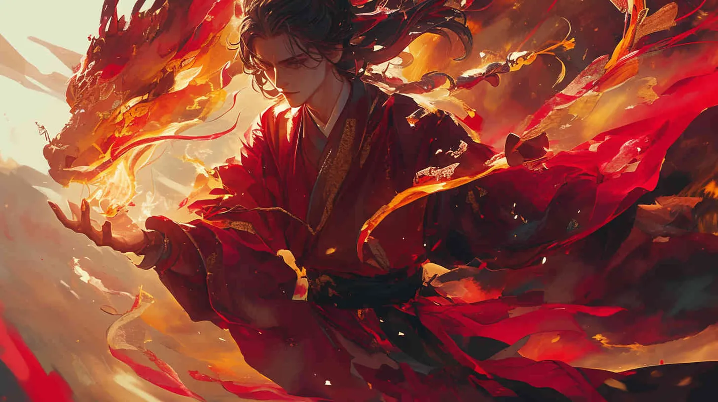 A young man wearing a red robe, with his hair tied up and a delicate face, was at the foot of the mountain, holding a fire in his hand - AI绘画作品展示 | Midjourney中文版生成