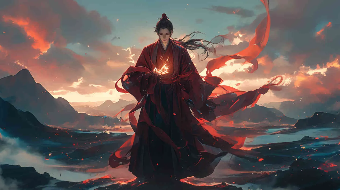 A young man wearing a red robe, with his hair tied up and a delicate face, was at the foot of the mountain, holding a fire in his hand - AI绘画作品展示 | Midjourney中文版生成