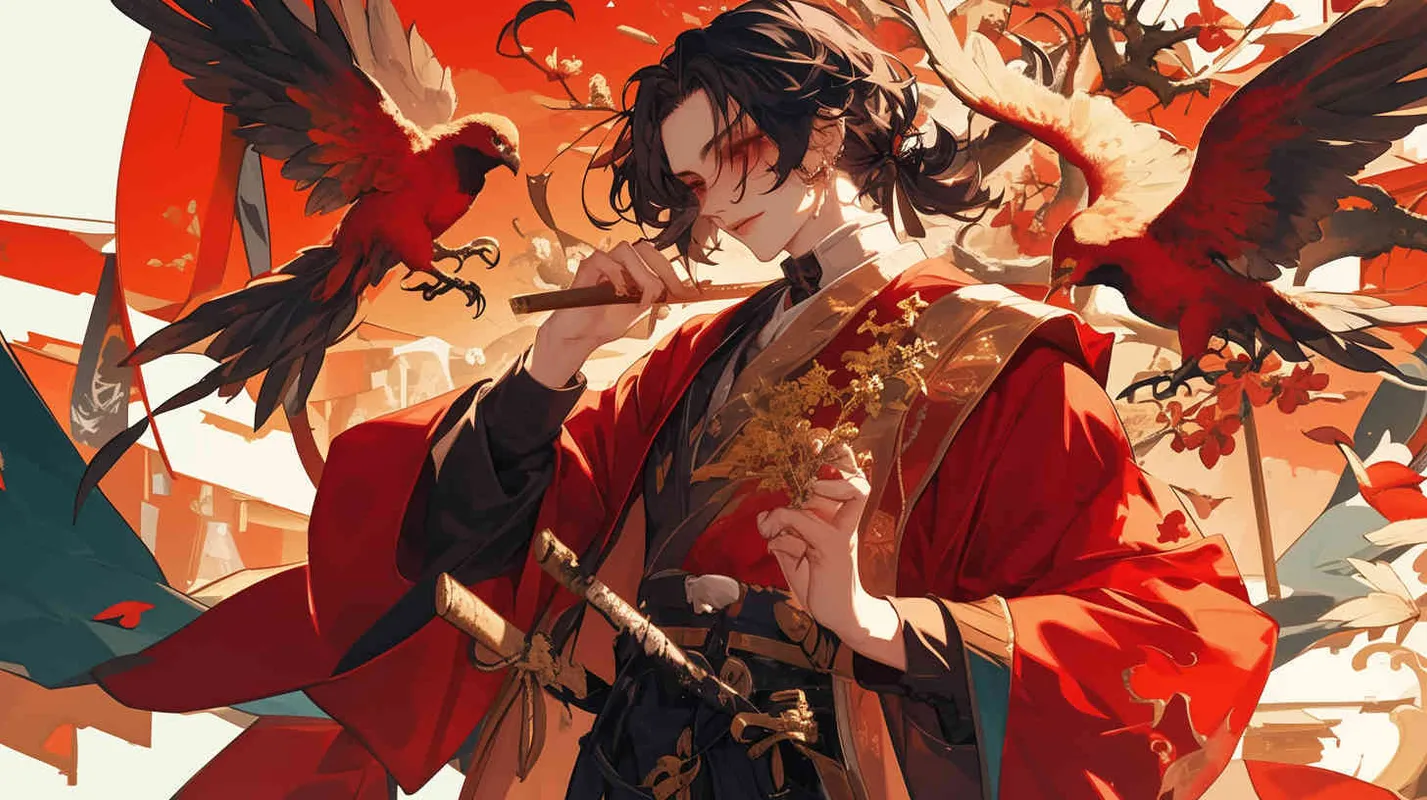 A young man wearing a red robe, with his hair tied up and a delicate face, tasted all kinds of herbs and developed the use of herbs to treat diseases. – AI绘画作品展示 | Midjourney中文版生成