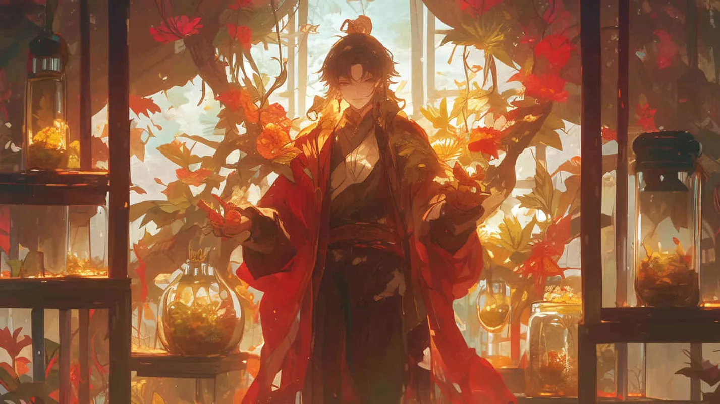 A young man wearing a red robe, with his hair tied up and a delicate face, tasted all kinds of herbs and developed the use of herbs to treat diseases. - style2部分