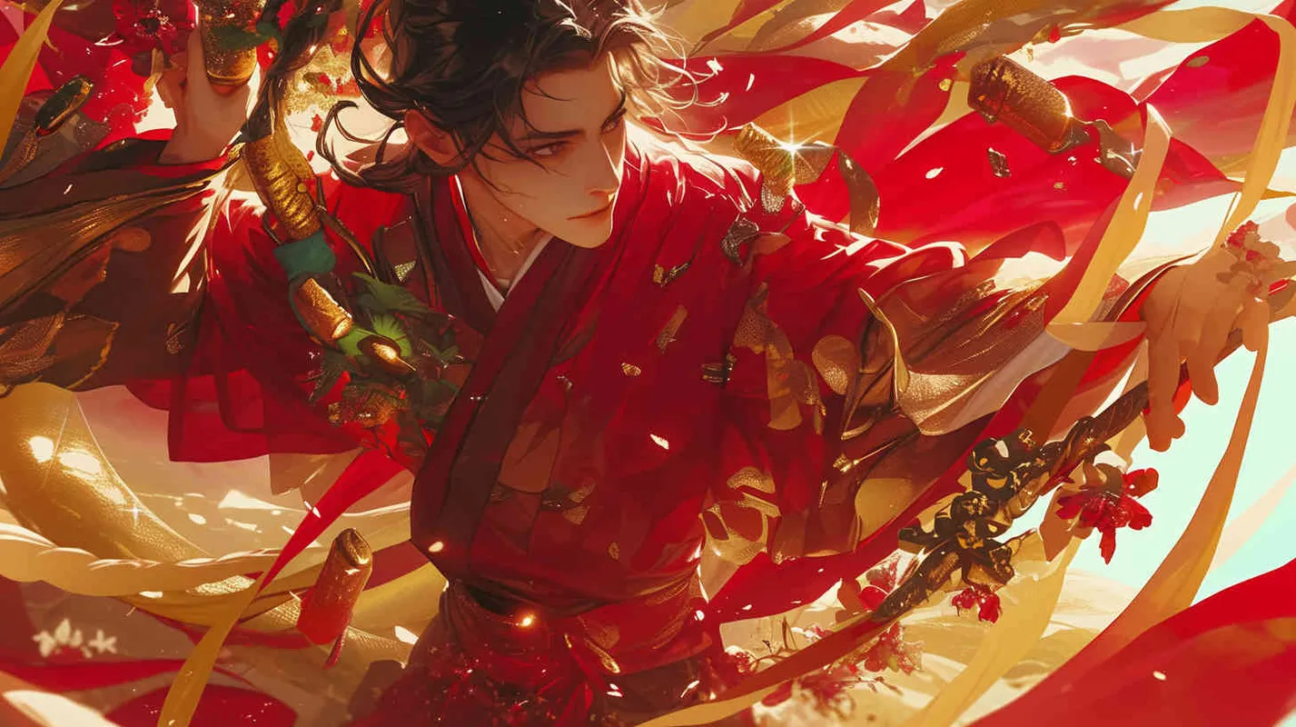 A young man wearing a red robe, with his hair tied up and a delicate face, tasted all kinds of herbs and developed the use of herbs to treat diseases. - style3部分