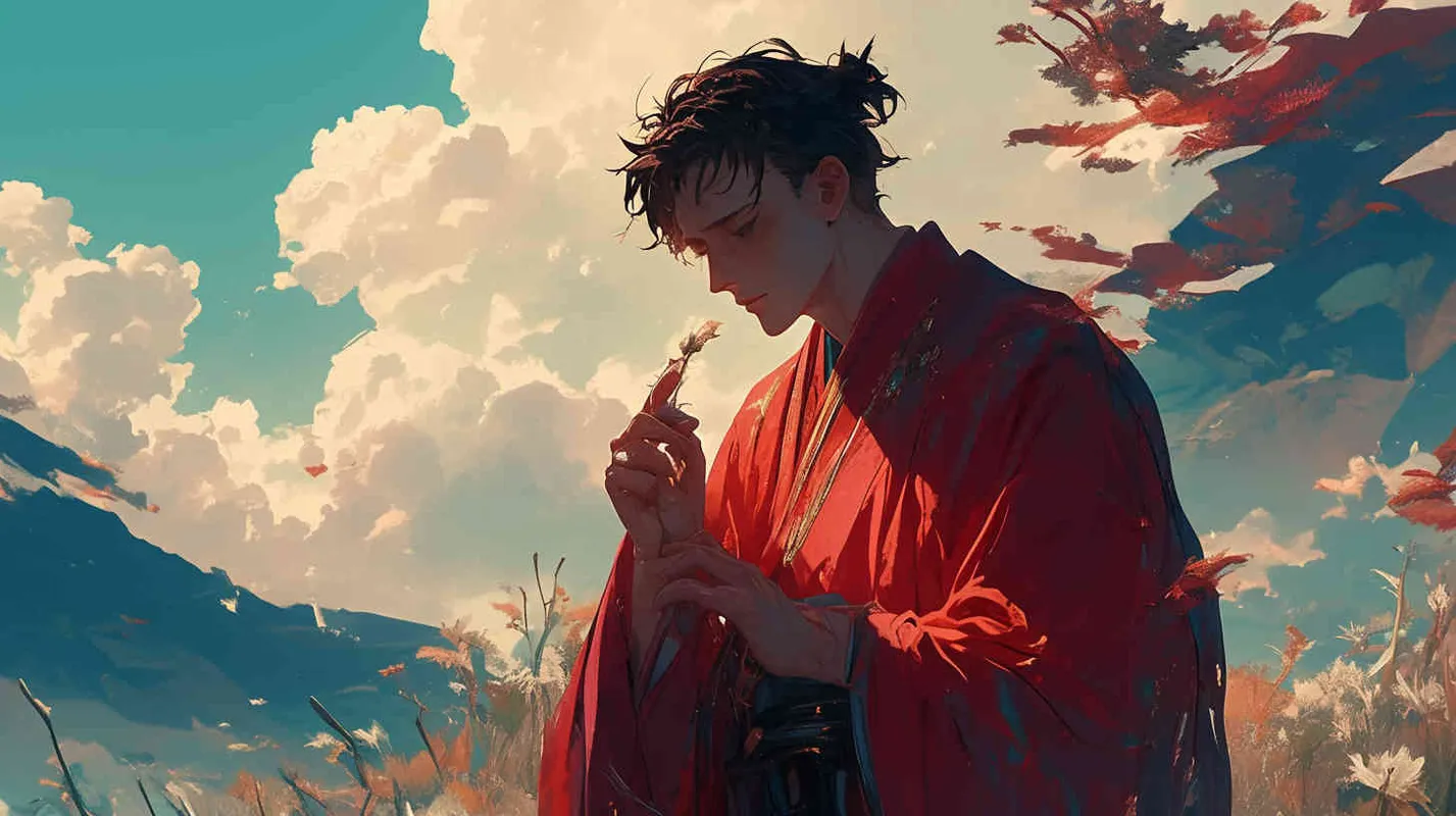 A young man dressed in a red robe, with hair tied up and a delicate face, was at the foot of the mountain, holding a grass in his hand and eating it in his mouth - style1部分