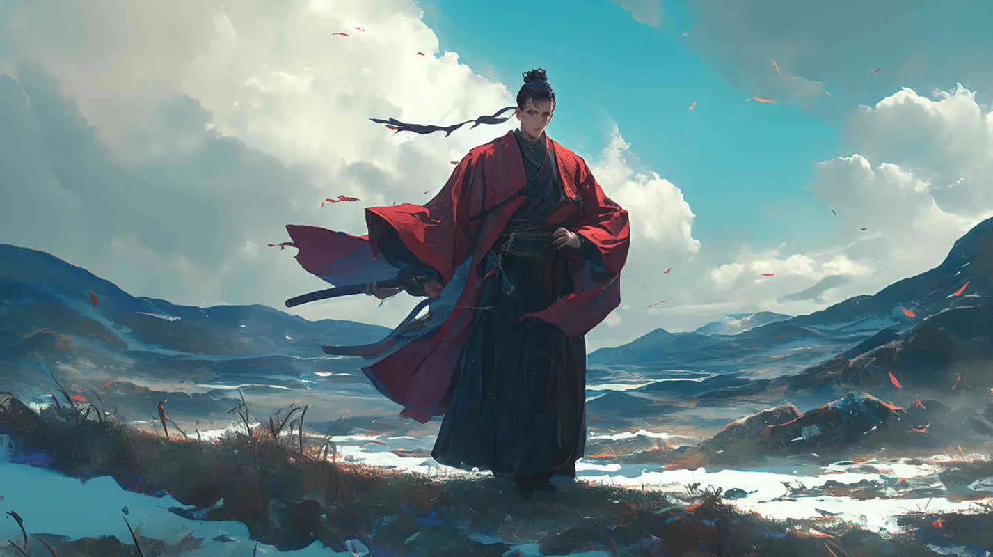 A young man dressed in a red robe, with hair tied up and a delicate face, was at the foot of the mountain, holding a grass in his hand and eating it in his mouth - style2部分