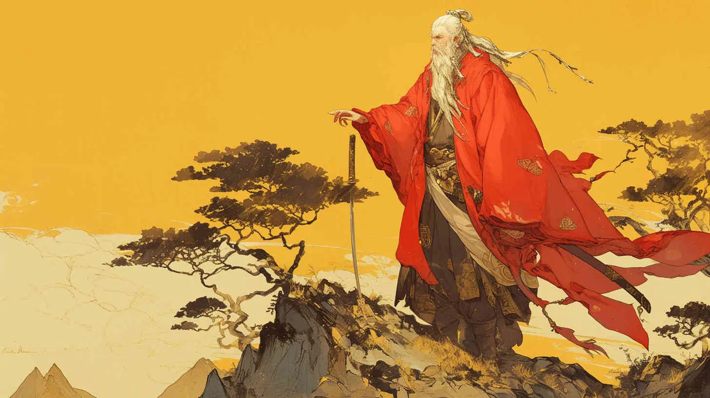 A young man dressed in a red robe, with hair tied up and a delicate face, was at the foot of the mountain, holding a grass in his hand and eating it in his mouth - style3部分