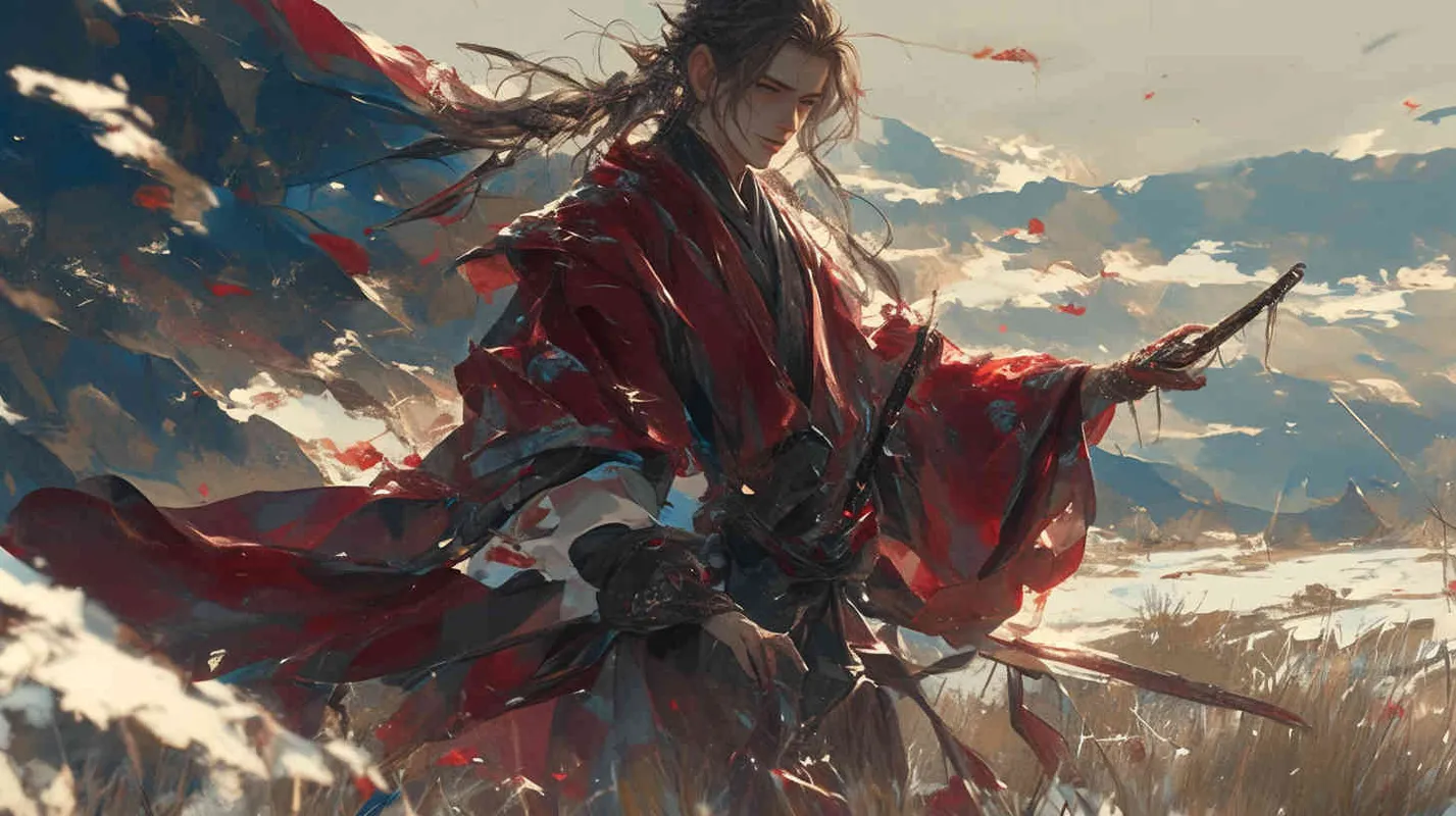 A young man dressed in a red robe, with hair tied up and a delicate face, was at the foot of the mountain, holding a grass in his hand and eating it in his mouth - style4部分