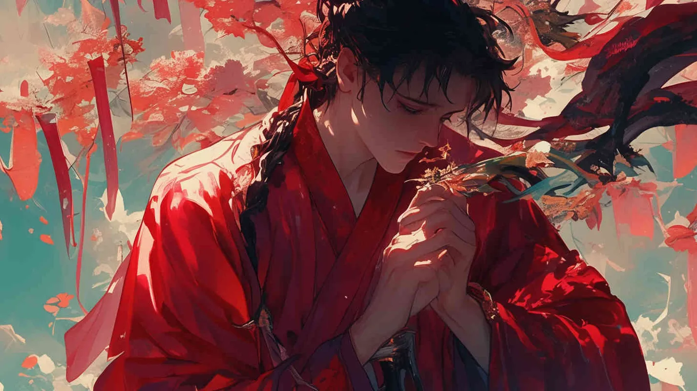 A young man dressed in a red robe, with his hair tied up and a delicate face, was at the foot of the mountain, holding a small green grass in his hand and eating it in his mouth - style1部分