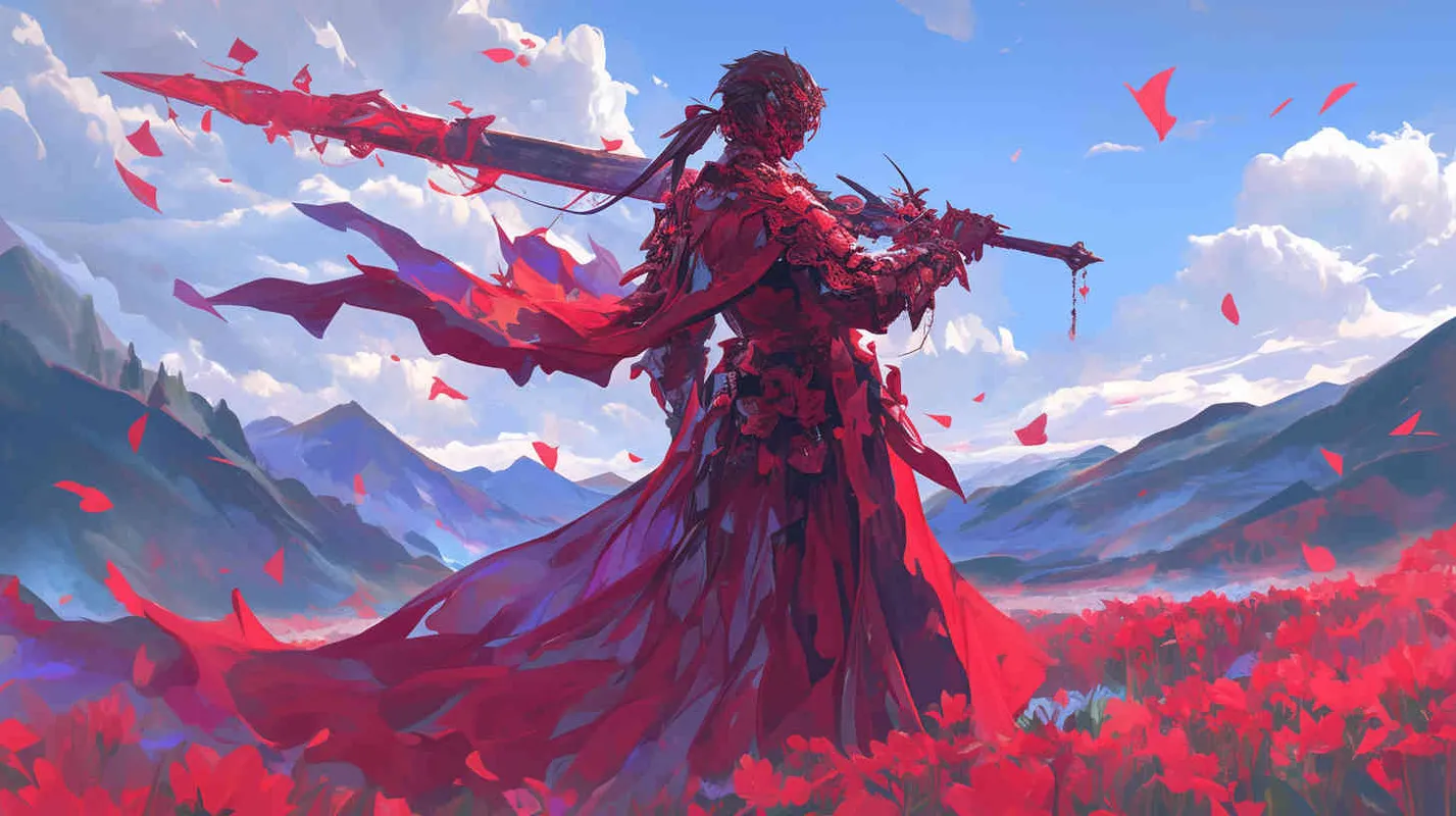 A young man dressed in a red robe, with his hair tied up and a delicate face, was at the foot of the mountain, holding a small green grass in his hand and eating it in his mouth - style2部分