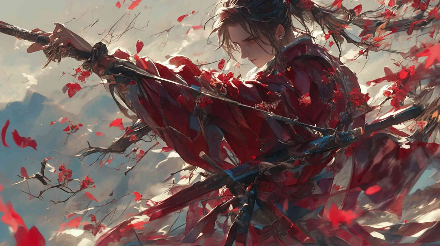 A young man dressed in a red robe, with his hair tied up and a delicate face, was at the foot of the mountain, holding a small green grass in his hand and eating it in his mouth - style3部分