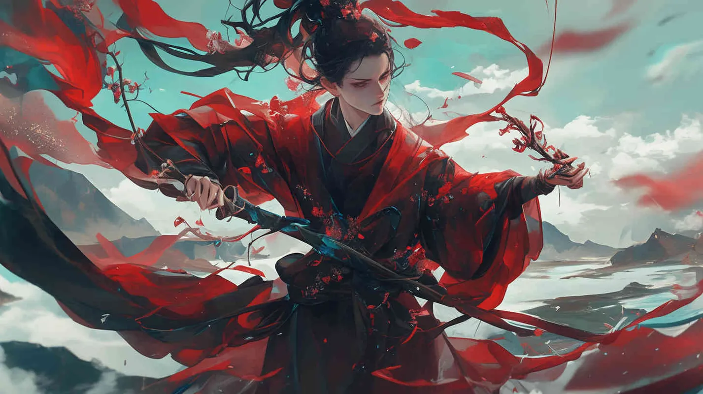 A young man dressed in a red robe, with his hair tied up and a delicate face, was at the foot of the mountain, holding a small green grass in his hand and eating it in his mouth - style4部分