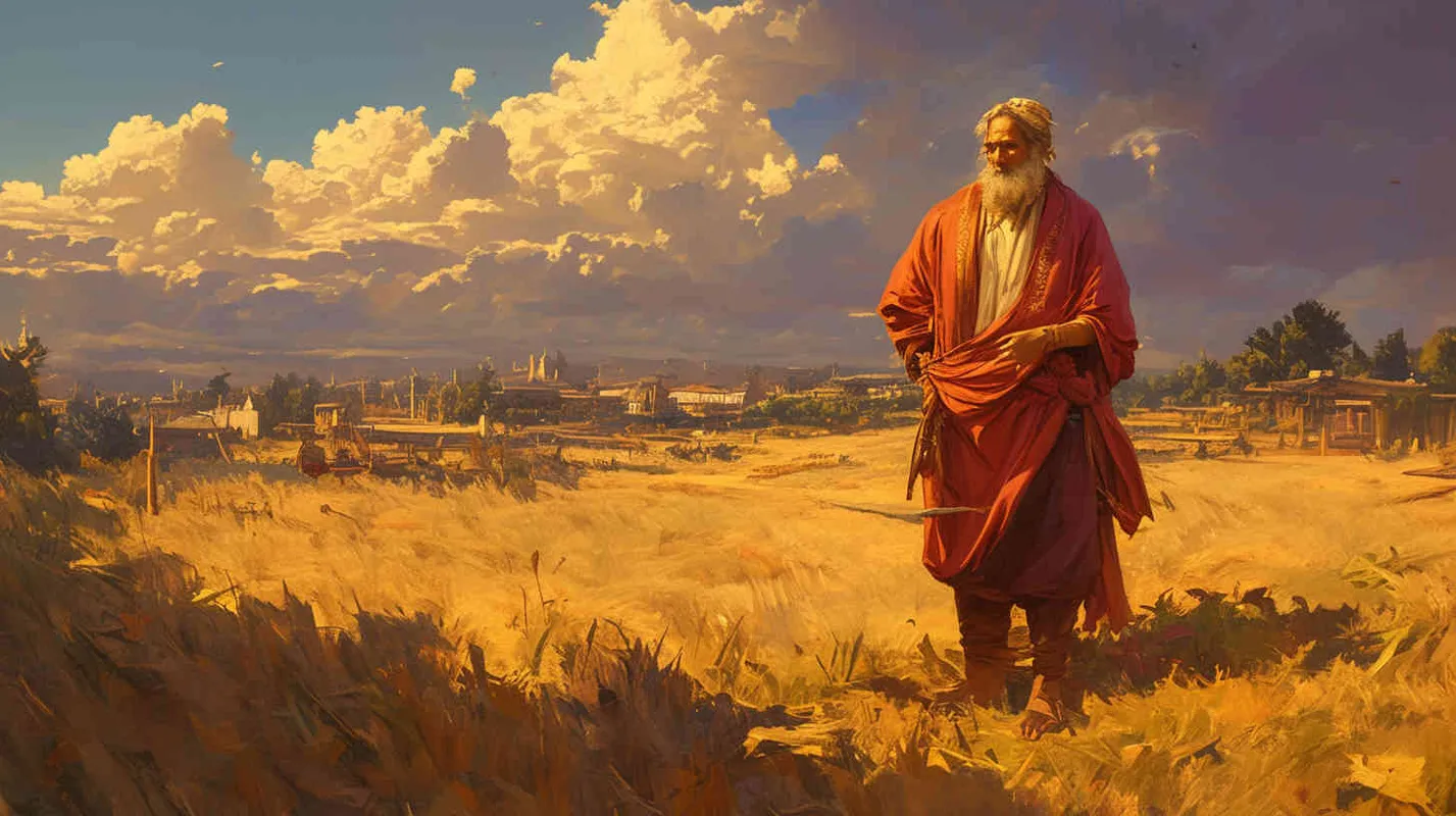 A young man wearing a red robe, with his hair tied up and a delicate face, made plows and planted grains, laying the foundation for agriculture and industry, gradually transforming people from primitive nomadic life to agricultural civilization – AI绘画作品展示 | Midjourney中文版生成