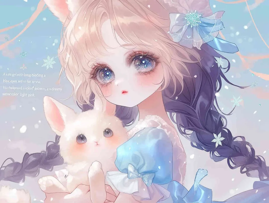 A cute girl with long black hair, blue eyes and a purple dress holding a white rabbit in her arms, in the anime style, kawaii art, colorful cartoon style, blue background, a colorful cartoon sky pattern, a dreamy watercolor style, glittering light pink snowflakes, a colorful pastel color palette, a charming character illustration, a full body portrait, high resolution, high detail, high quality - style1部分