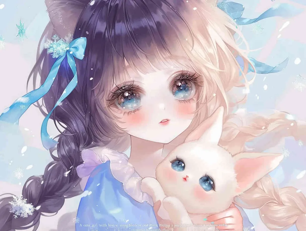 A cute girl with long black hair, blue eyes and a purple dress holding a white rabbit in her arms, in the anime style, kawaii art, colorful cartoon style, blue background, a colorful cartoon sky pattern, a dreamy watercolor style, glittering light pink snowflakes, a colorful pastel color palette, a charming character illustration, a full body portrait, high resolution, high detail, high quality - style2部分