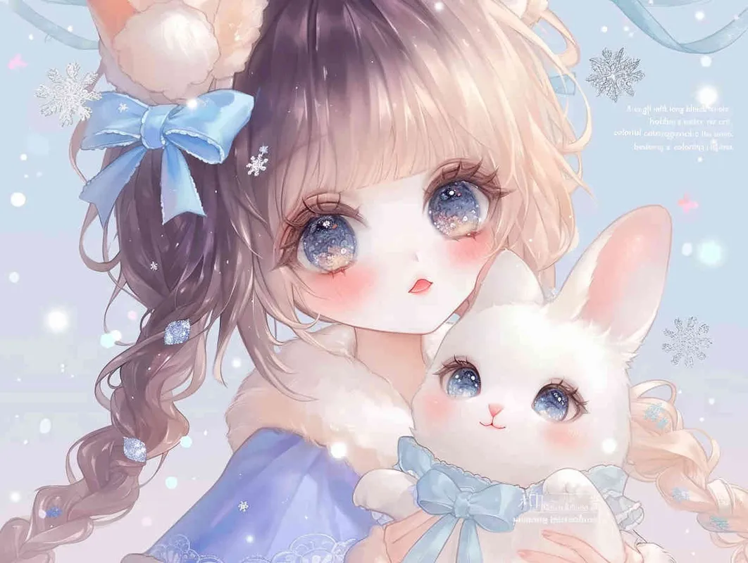 A cute girl with long black hair, blue eyes and a purple dress holding a white rabbit in her arms, in the anime style, kawaii art, colorful cartoon style, blue background, a colorful cartoon sky pattern, a dreamy watercolor style, glittering light pink snowflakes, a colorful pastel color palette, a charming character illustration, a full body portrait, high resolution, high detail, high quality - style3部分