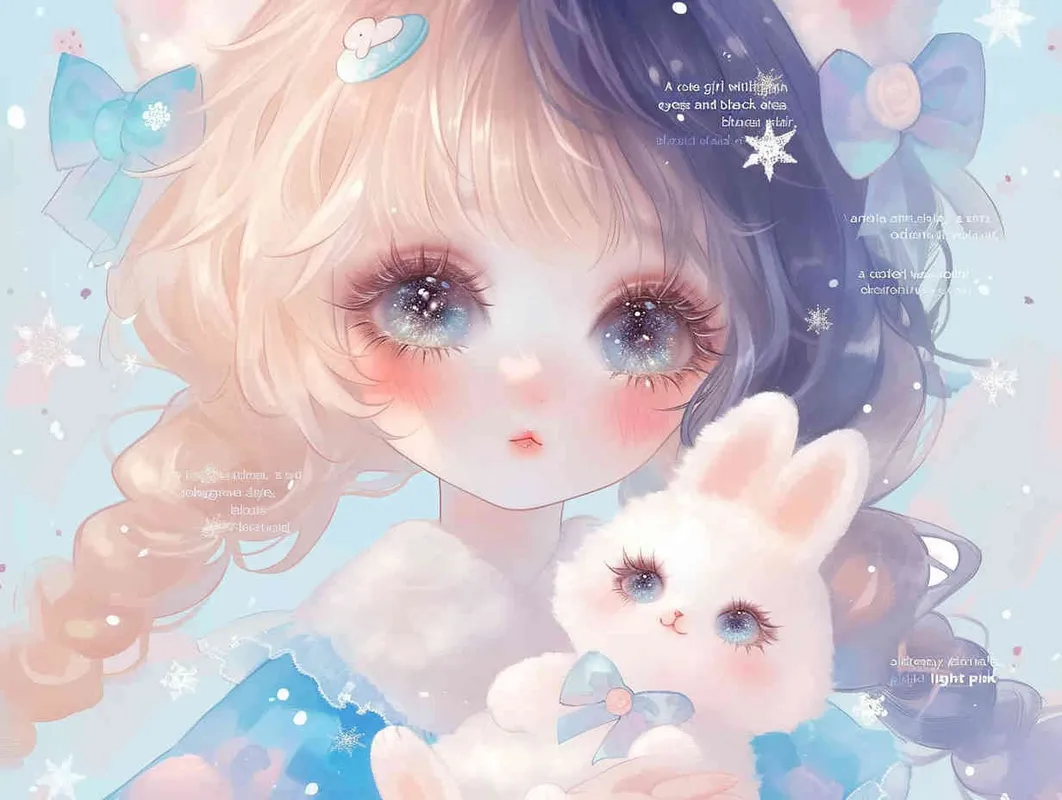 A cute girl with long black hair, blue eyes and a purple dress holding a white rabbit in her arms, in the anime style, kawaii art, colorful cartoon style, blue background, a colorful cartoon sky pattern, a dreamy watercolor style, glittering light pink snowflakes, a colorful pastel color palette, a charming character illustration, a full body portrait, high resolution, high detail, high quality - style4部分
