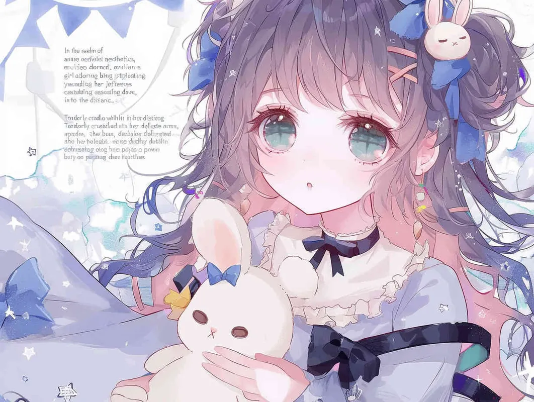 In the realm of anime aesthetics, envision a captivating young girl adorned in a purple dress, her long jet-black tresses cascading down, captivating blue eyes gazing into the distance. Tenderly cradled within her delicate arms, she holds a pure white bunny. Against a backdrop of serene cerulean, her illustration exudes vibrancy through the kaleidoscopic fusion of cartoony hues and an ethereal sky pattern. Embellished with a watercolor touch, every stroke unveils a mesmerizing world of charm, accentuated by glistening blush-toned snowflakes. A delightful melange of pastel shades further enriches this captivating portrayal of an enchanting character. This masterful composition, captured in exquisite high resolution, intricately captures every minute detail, presenting an unrivaled eminence of qual - style2部分