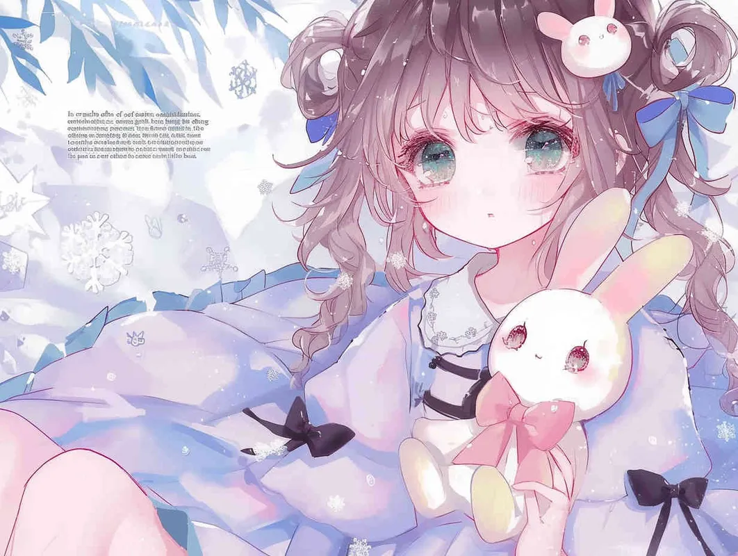 In the realm of anime aesthetics, envision a captivating young girl adorned in a purple dress, her long jet-black tresses cascading down, captivating blue eyes gazing into the distance. Tenderly cradled within her delicate arms, she holds a pure white bunny. Against a backdrop of serene cerulean, her illustration exudes vibrancy through the kaleidoscopic fusion of cartoony hues and an ethereal sky pattern. Embellished with a watercolor touch, every stroke unveils a mesmerizing world of charm, accentuated by glistening blush-toned snowflakes. A delightful melange of pastel shades further enriches this captivating portrayal of an enchanting character. This masterful composition, captured in exquisite high resolution, intricately captures every minute detail, presenting an unrivaled eminence of qual - style3部分