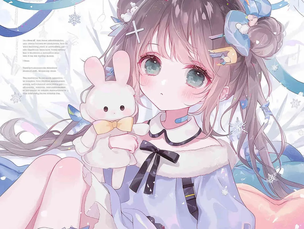 In the realm of anime aesthetics, envision a captivating young girl adorned in a purple dress, her long jet-black tresses cascading down, captivating blue eyes gazing into the distance. Tenderly cradled within her delicate arms, she holds a pure white bunny. Against a backdrop of serene cerulean, her illustration exudes vibrancy through the kaleidoscopic fusion of cartoony hues and an ethereal sky pattern. Embellished with a watercolor touch, every stroke unveils a mesmerizing world of charm, accentuated by glistening blush-toned snowflakes. A delightful melange of pastel shades further enriches this captivating portrayal of an enchanting character. This masterful composition, captured in exquisite high resolution, intricately captures every minute detail, presenting an unrivaled eminence of qual - style4部分