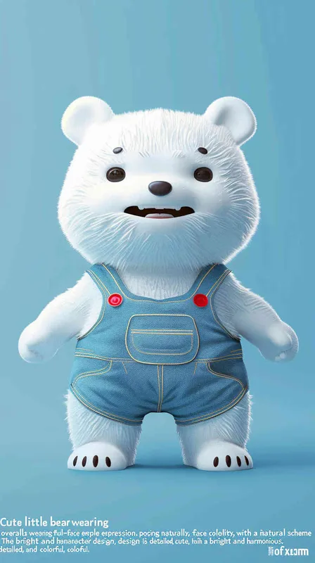 +Acute little white bear inoveralls, standing naturally and full-faced,BubbleMart style, clean and simple design, lP image, high-grade natural color matching,bright and narmonious,cute 
 ndcolorfuldetailed character design,behance,Shanghai style Organic sculpture,C4D style, 3D animation style characterdesign,cartoon realism, fun character setting,raytracing,childrens book illustration style --ar 3:4 --niii 5--iw 0.8 --q2--s 500 - style2部分