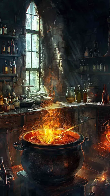 Set in a medieval-style kitchen, a finely crafted cauldron sits at the center, bubbling with a mysterious potion of rich orange hues. The indoor lighting is soft, with daylight filtering through the window, complementing the flickering candlelight. Surrounding the cauldron are various alchemical tools and ingredients in glass bottles, exuding an ancient magical charm. The scene appears as though leapt from an age-old tale, brought to life in the form of a vintage watercolor, offering a sense of warmth and mystery amidst the passage of time. - style1部分