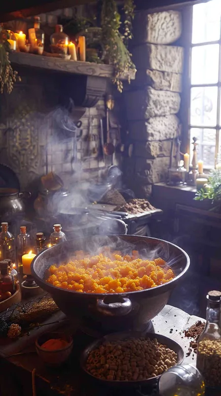 Set in a medieval-style kitchen, a finely crafted cauldron sits at the center, bubbling with a mysterious potion of rich orange hues. The indoor lighting is soft, with daylight filtering through the window, complementing the flickering candlelight. Surrounding the cauldron are various alchemical tools and ingredients in glass bottles, exuding an ancient magical charm. The scene appears as though leapt from an age-old tale, brought to life in the form of a vintage watercolor, offering a sense of warmth and mystery amidst the passage of time. - style2部分