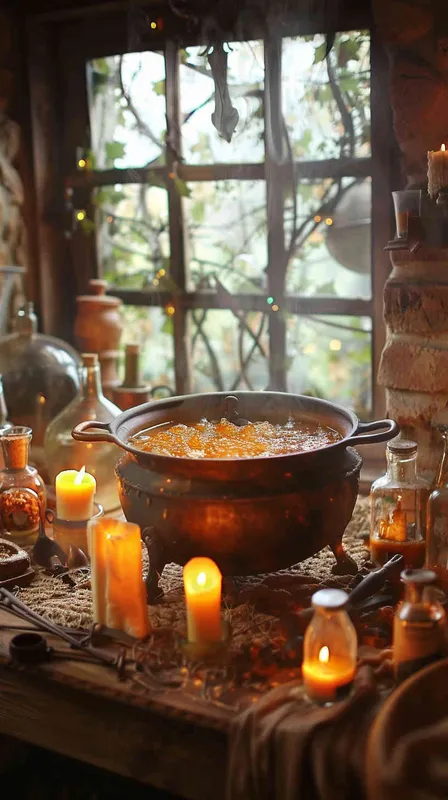 Set in a medieval-style kitchen, a finely crafted cauldron sits at the center, bubbling with a mysterious potion of rich orange hues. The indoor lighting is soft, with daylight filtering through the window, complementing the flickering candlelight. Surrounding the cauldron are various alchemical tools and ingredients in glass bottles, exuding an ancient magical charm. The scene appears as though leapt from an age-old tale, brought to life in the form of a vintage watercolor, offering a sense of warmth and mystery amidst the passage of time. - style3部分