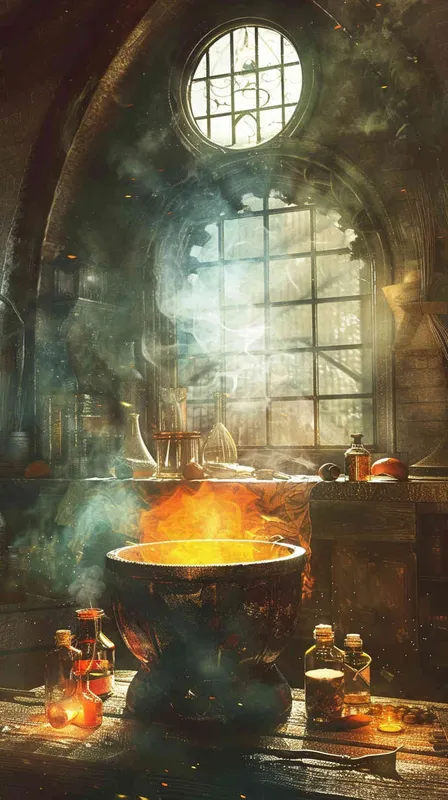 Set in a medieval-style kitchen, a finely crafted cauldron sits at the center, bubbling with a mysterious potion of rich orange hues. The indoor lighting is soft, with daylight filtering through the window, complementing the flickering candlelight. Surrounding the cauldron are various alchemical tools and ingredients in glass bottles, exuding an ancient magical charm. The scene appears as though leapt from an age-old tale, brought to life in the form of a vintage watercolor, offering a sense of warmth and mystery amidst the passage of time. - style4部分